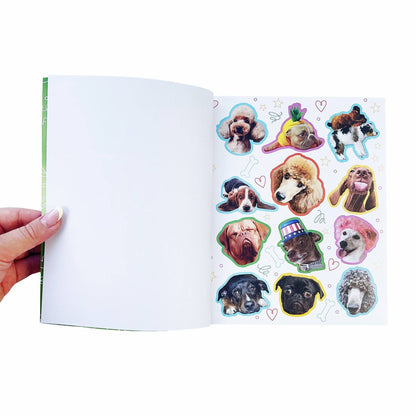 Open dog sticker book page with colorful dog sticker cutouts on the right