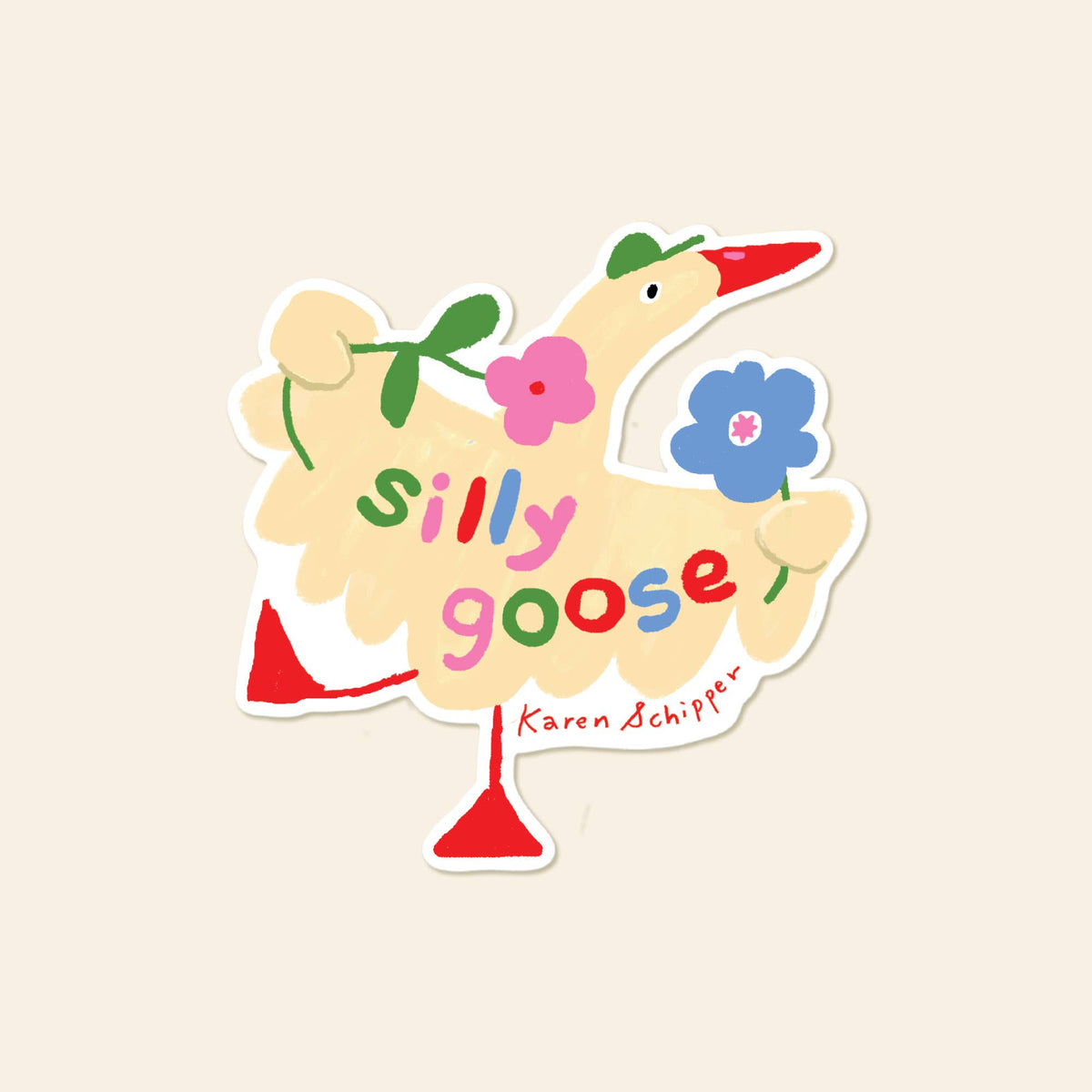 Vinyl goose sticker with colorful flowers and “Silly goose” lettering