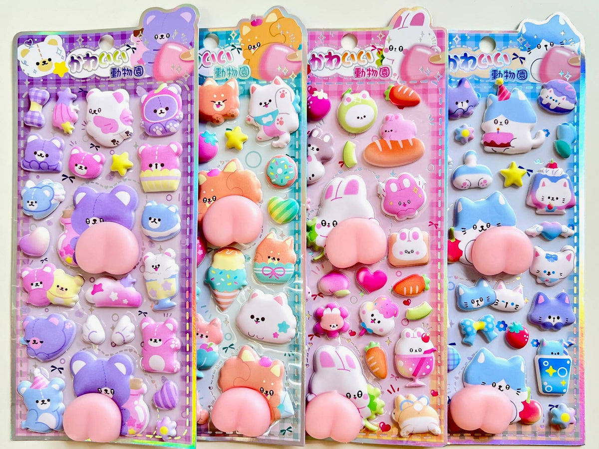 Animal squishy butt sticker set showing four card panels with cute pastel animal stickers