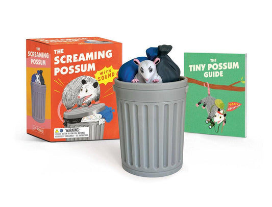 Grey bucket toy playset with plush possum and mini guide book, with sound.