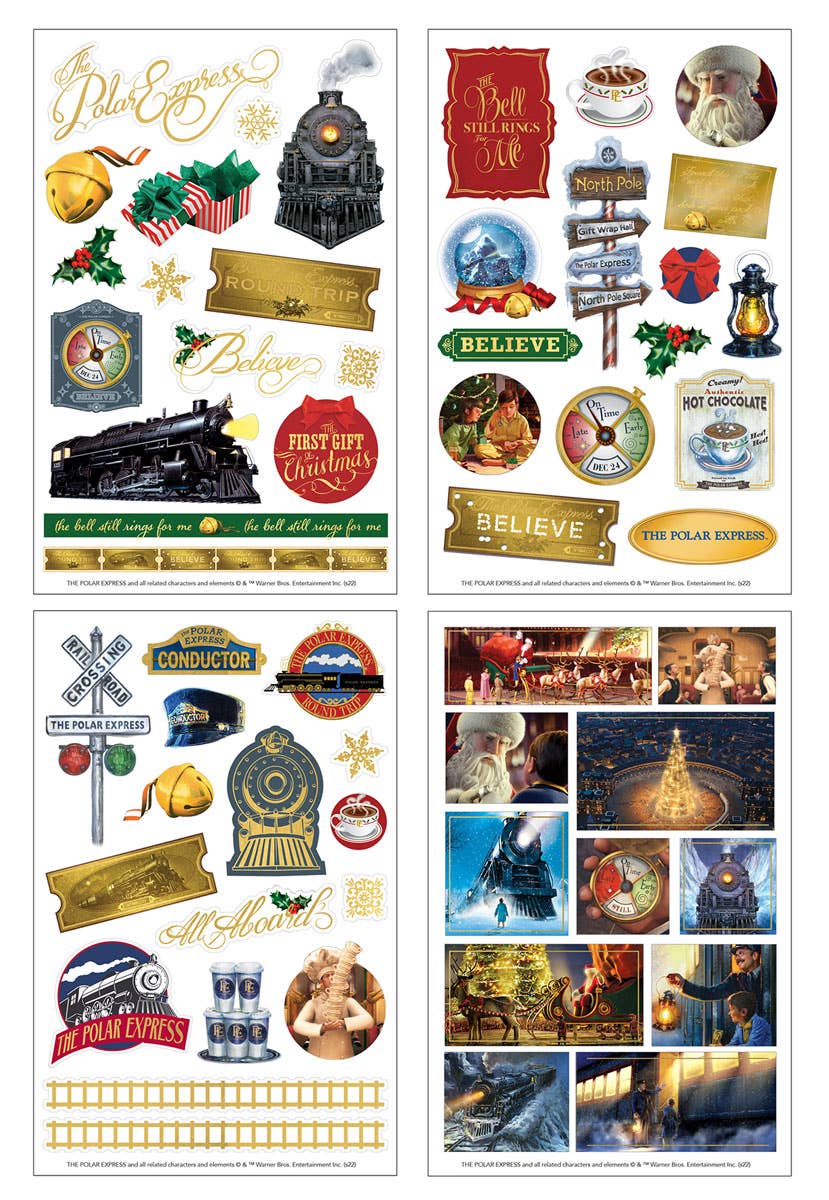 Sticker sheets with train, bell, clock, ornaments, and circular seals in multiple colors