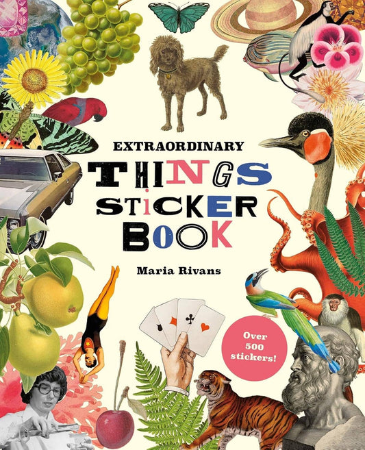 Sticker book with colorful collage cover featuring animals, plants, insects, and title text