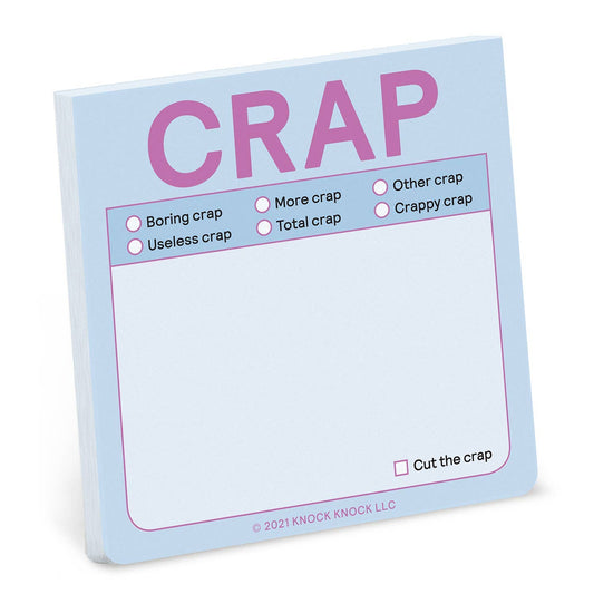 Pastel blue sticky note pad with pink 'CRAP' header and checklist icons