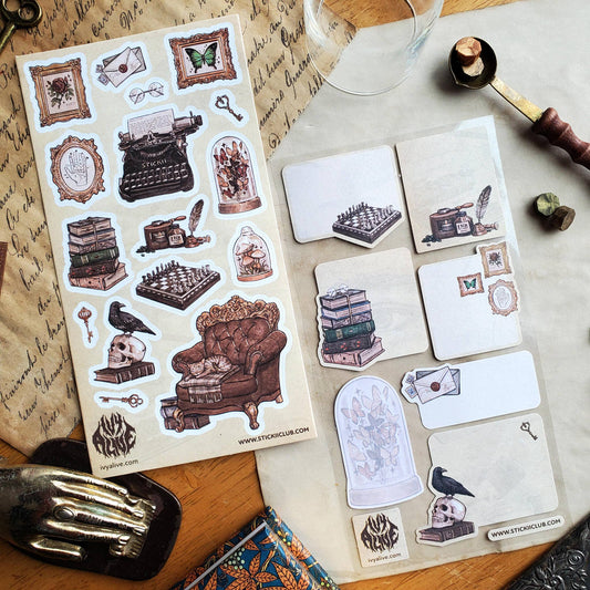 Raven-themed sticker sheet with multiple small labels, keys, and animal icons