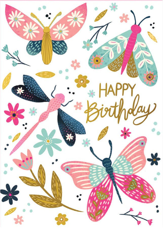 Foil butterfly birthday card front with colorful butterflies and 'HAPPY Birthday' gold text