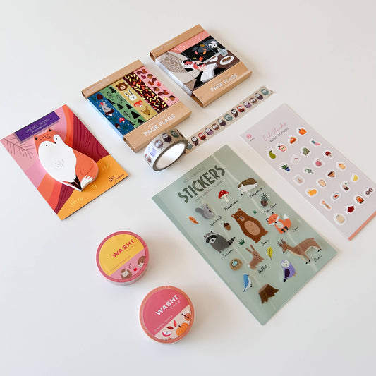 Fox die-cut sticky notes assortment with washi tape rolls and sticker sheets.
