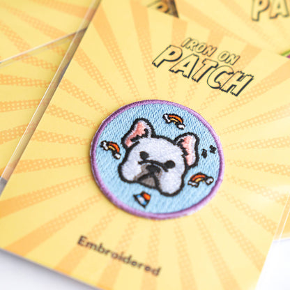Embroidered dog patch, blue circle with purple border and cute cartoon puppy