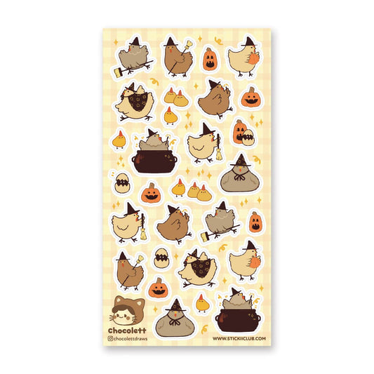 Halloween chicken sticker sheet with various chicken, pumpkin, and ghost characters
