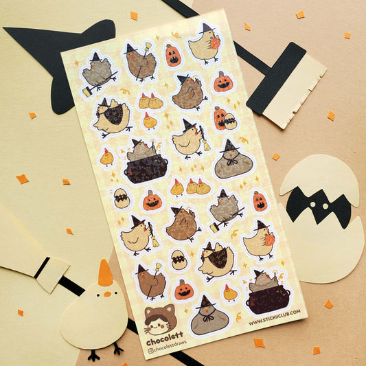 Halloween chicken sticker sheet with assorted chicken, pumpkin, and ghost character stickers