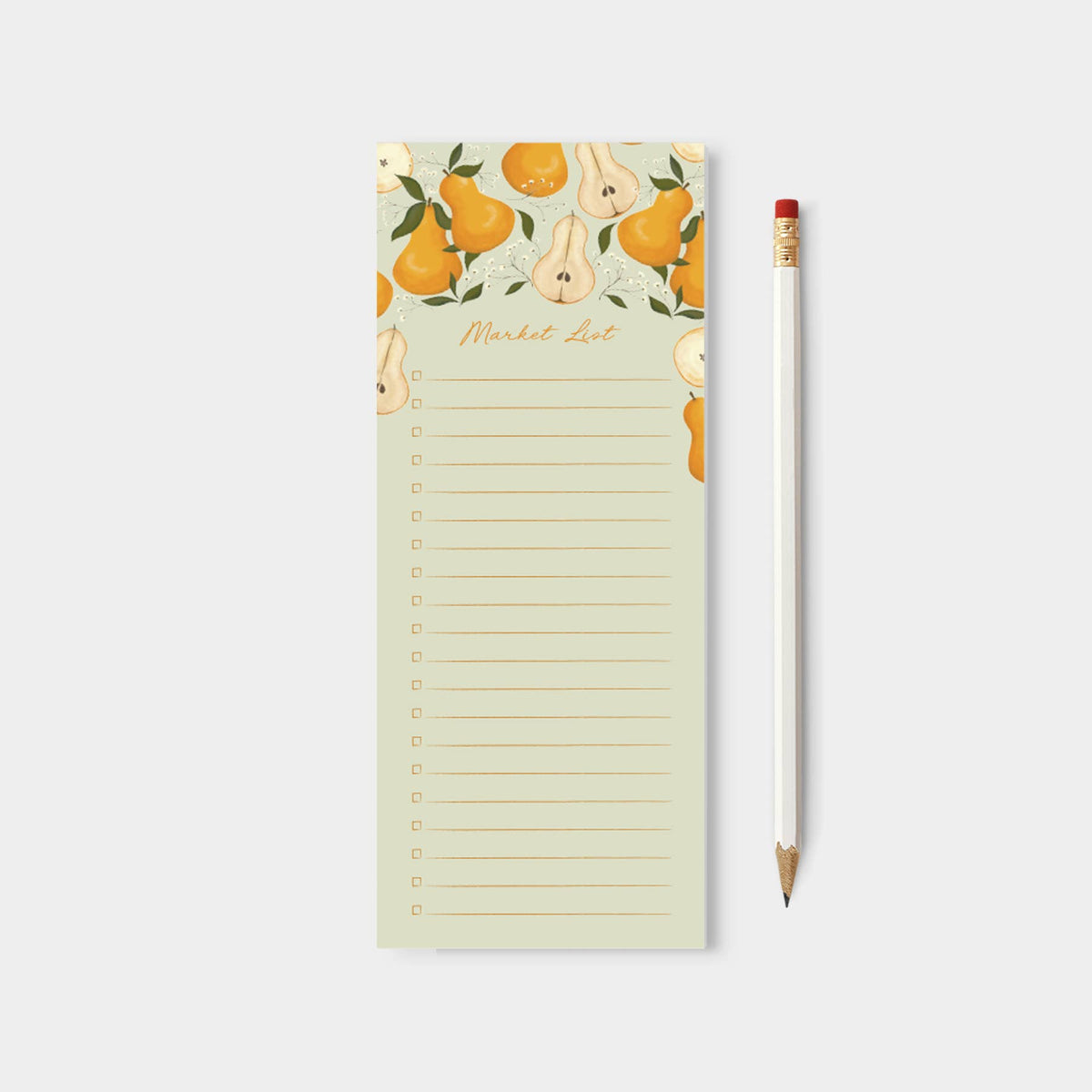 Pear-themed grocery list notepad with lined checklist and pencil