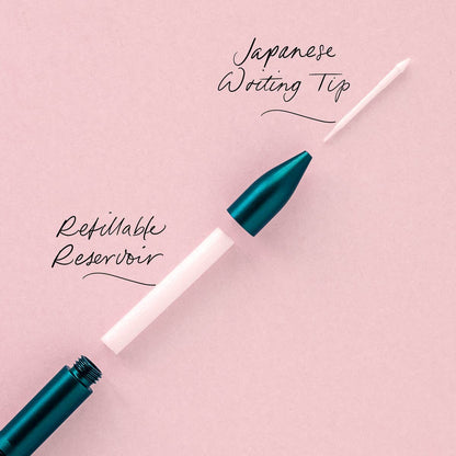 Refillable writing pen tip and refill body, teal nib with white reservoir