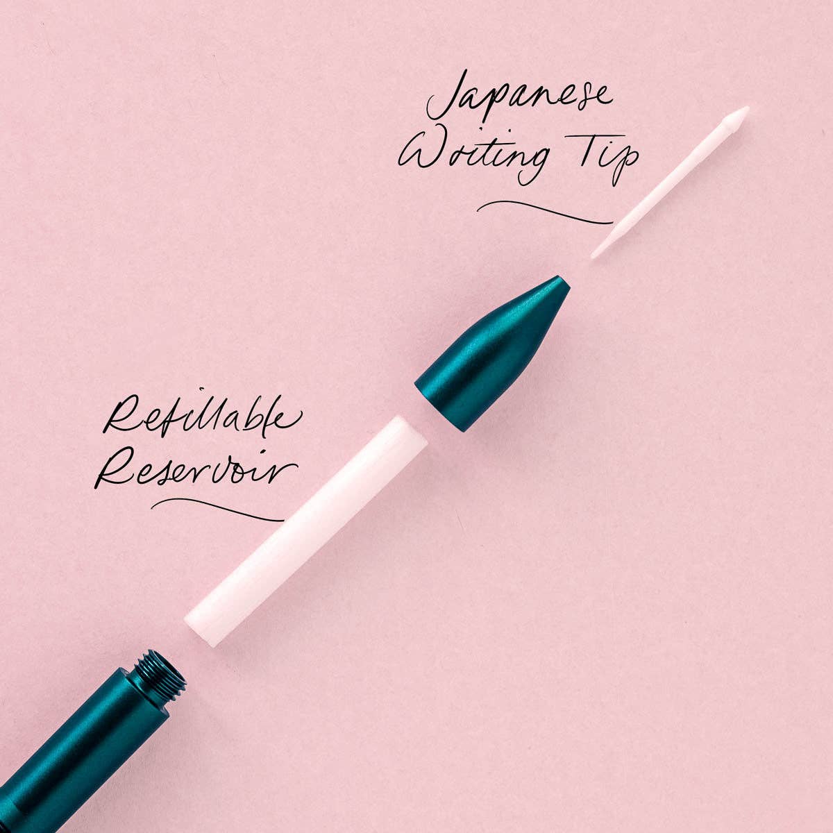 White refillable writing pen with teal Japanese-style writing tip.