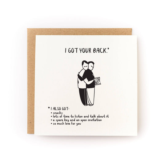 Letterpress sympathy greeting card, cream front with “I got your back” and couple illustration