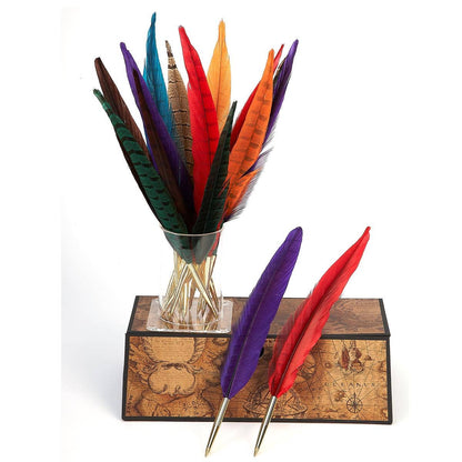 Genuine pheasant quill pen-ballpoint set with multicolor feather quills and brass stand