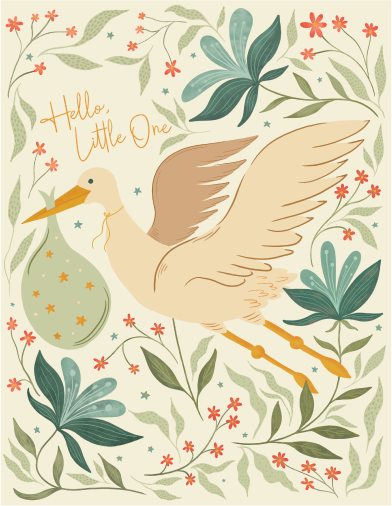 Greeting card front with a stork carrying a baby bundle among flowers and leaves