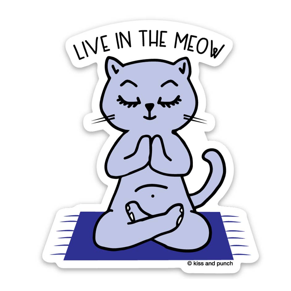 Die-cut vinyl sticker of purple yogi cat with “LIVE IN THE MEOW” text
