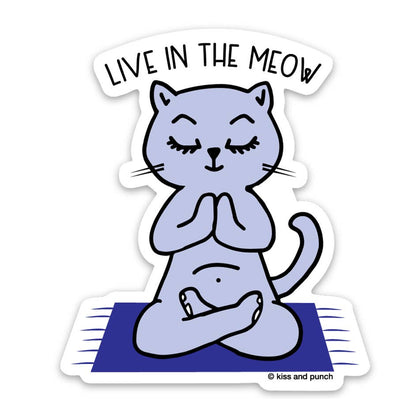 Die-cut vinyl sticker of purple yogi cat with “LIVE IN THE MEOW” text