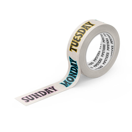 Washi tape roll with repeating PIPSTICKS and SUNDAY lettering, teal and gold text