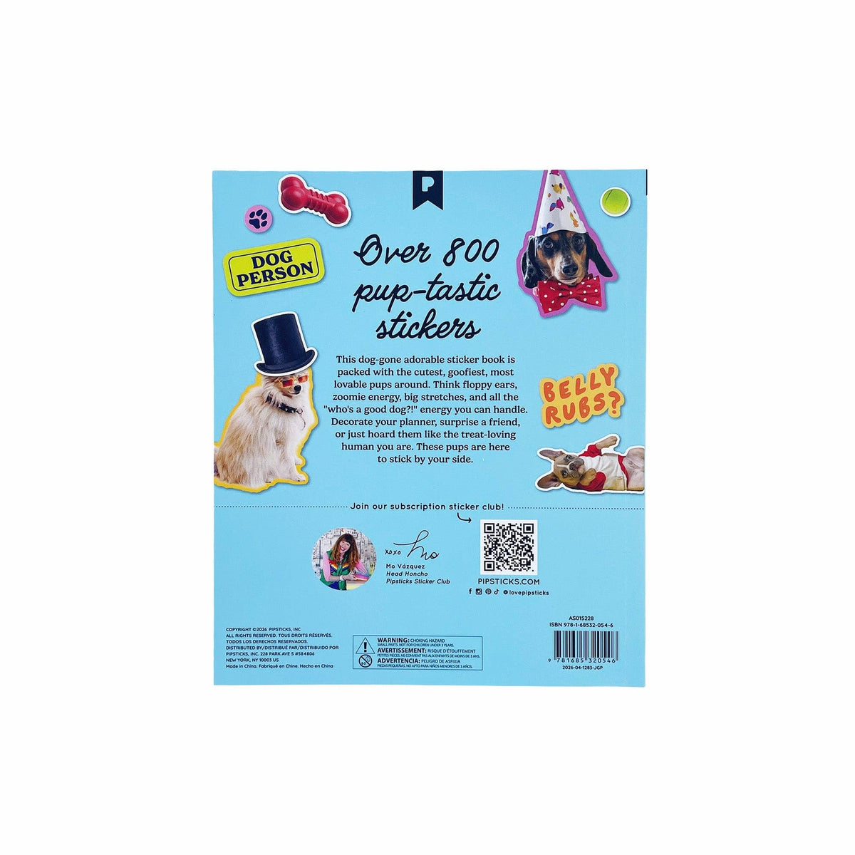 Blue back cover of a dog sticker book with dog character illustration