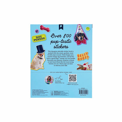 Blue back cover of a dog sticker book with dog character illustration