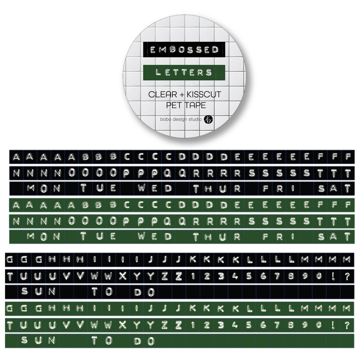 Embossed letters PET tape roll, black tape with green kiss-cut character letters