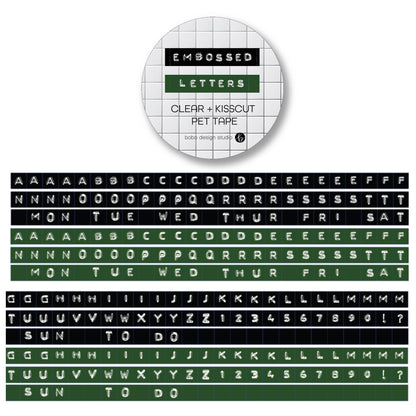 Embossed letters PET tape roll, black tape with green kiss-cut character letters