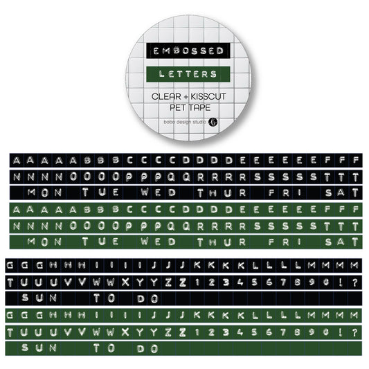 Embossed letters PET tape roll, black tape with green kiss-cut character letters
