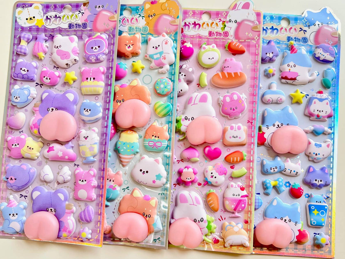 Animal squishy butt sticker set with four pastel animal sticker panels, incl. orange accents
