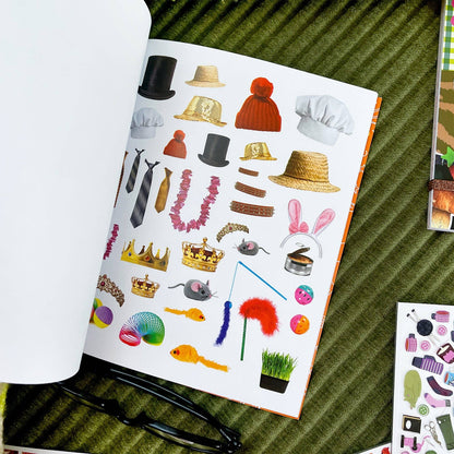 Cat sticker book page with white background and non-cat stickers like hats, foods, and bowls