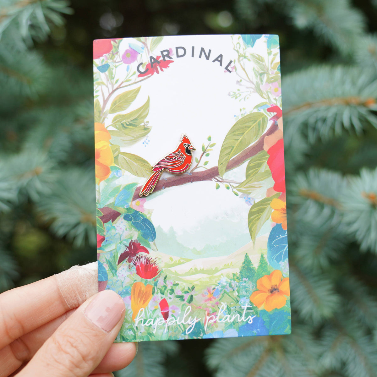 Floral bird gift card featuring a red cardinal illustration