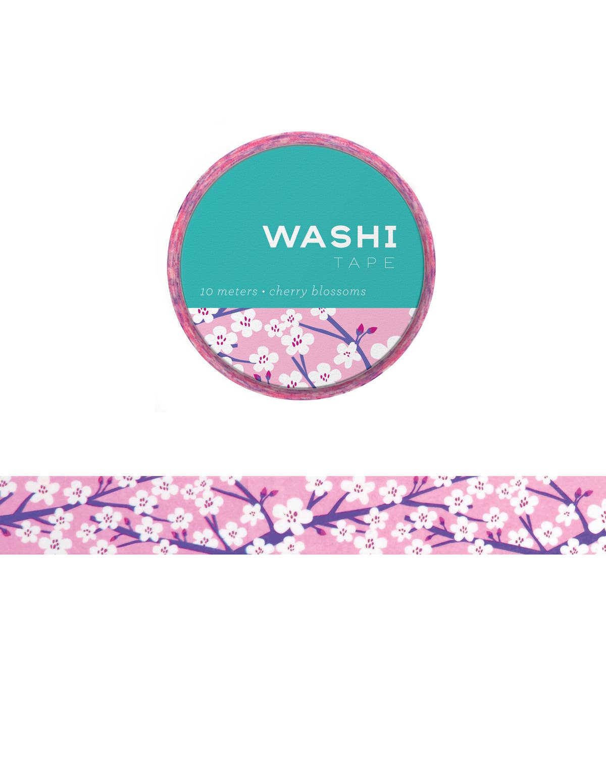 Cherry blossom washi tape roll with teal background and pink floral pattern