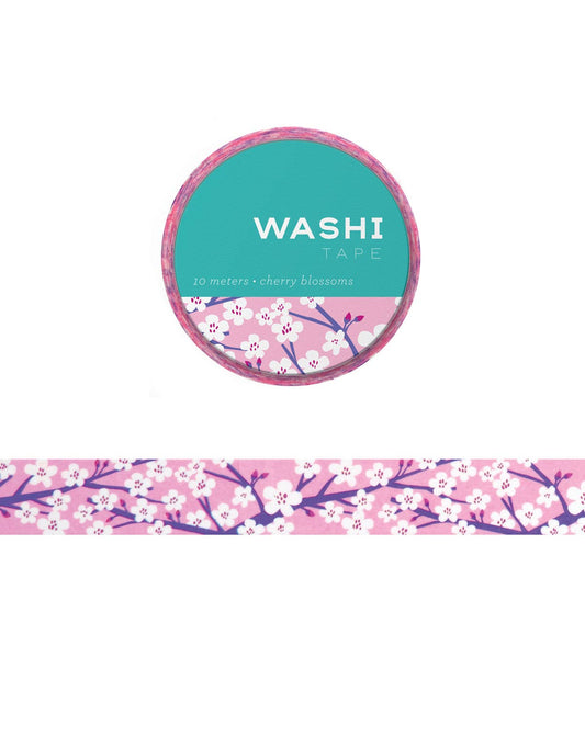 Cherry blossom washi tape roll with teal background and pink floral pattern
