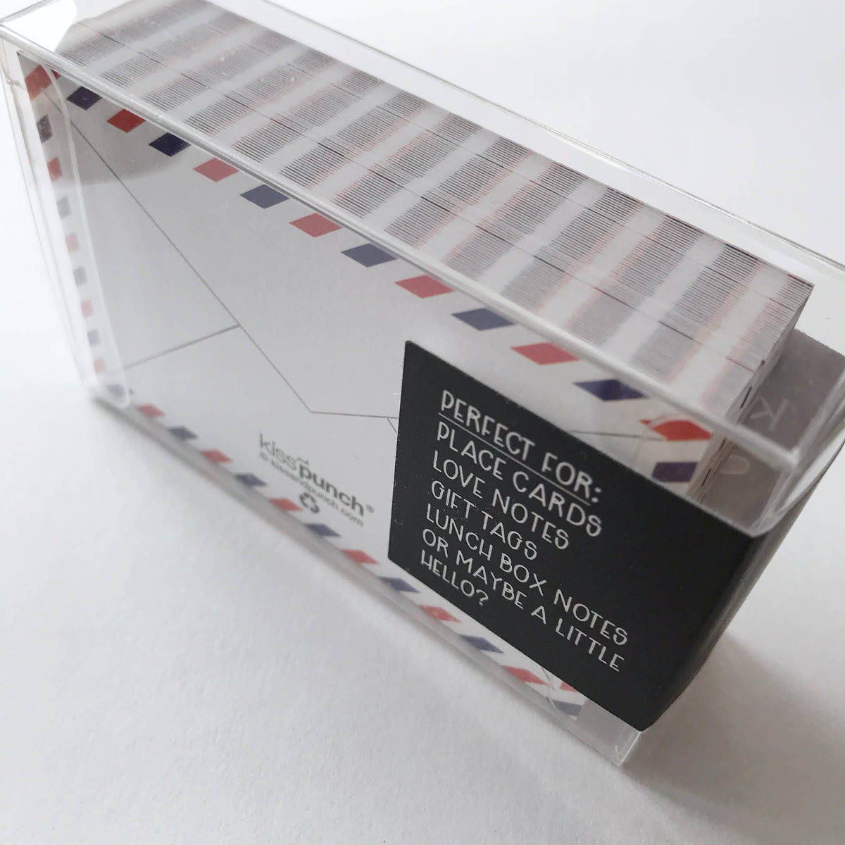 Airmail mini notecards stacked in a clear plastic box with red and blue trim