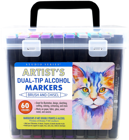 Set of dual-tip alcohol markers in clear plastic storage case, labeled 60 colors