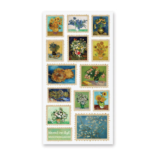 Vintage floral sticker sheet with colorful square framed artworks