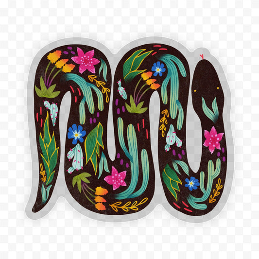 Clear die-cut sticker with colorful floral desert snake design on black background