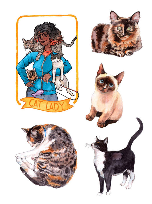 Sheet of cat-shaped die-cut stickers with four illustrated cats