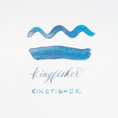 Kingfisher blue shimmer ink strokes with “kingfisher” branding