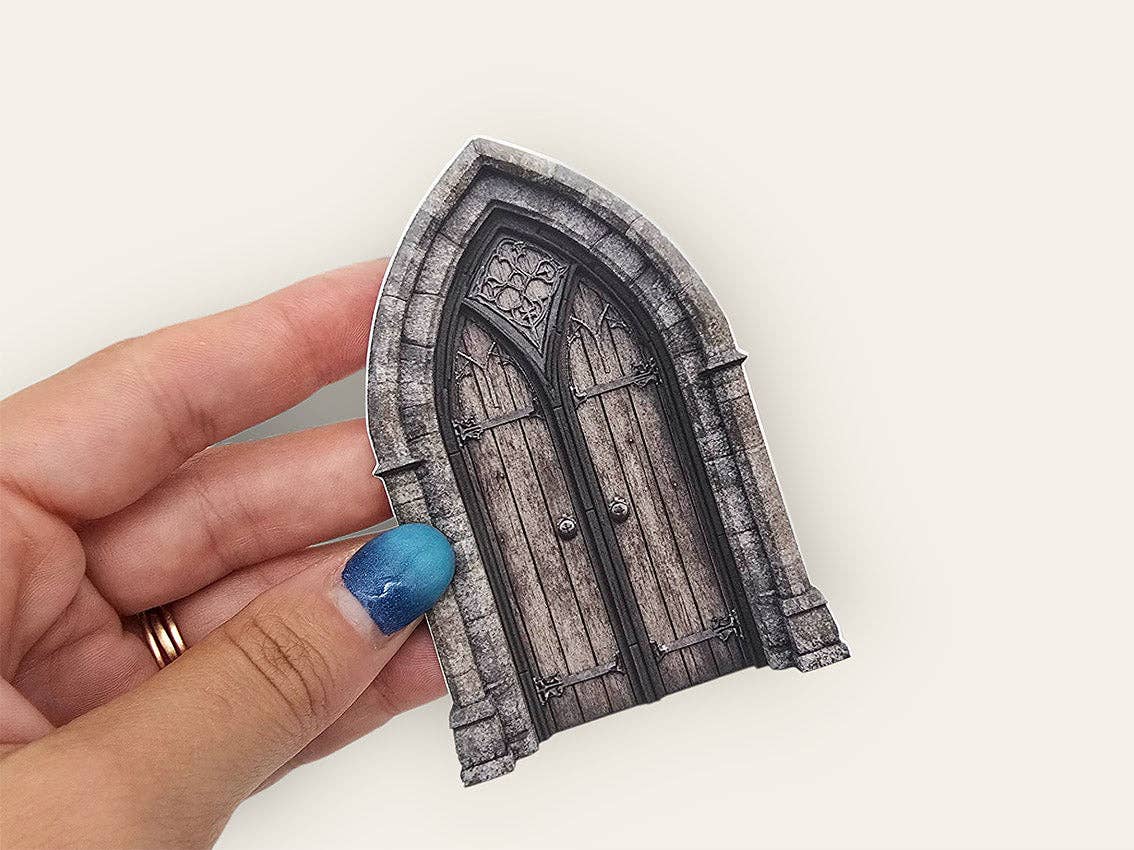 Academia sticker tin box sticker: gray arched wooden door with ornate frame