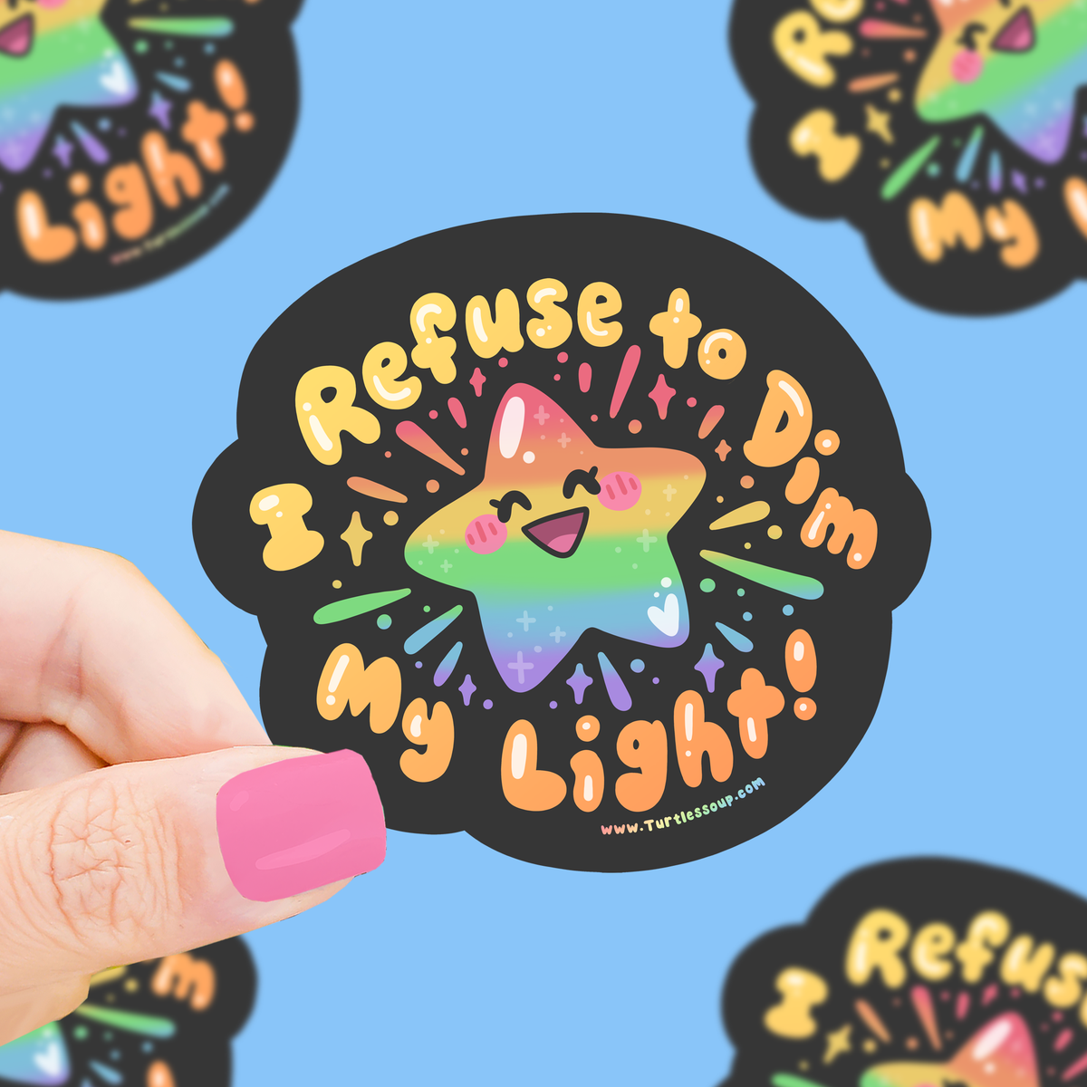 Round pride vinyl sticker with rainbow 'Refuse to Dim My Light' text and sparkles