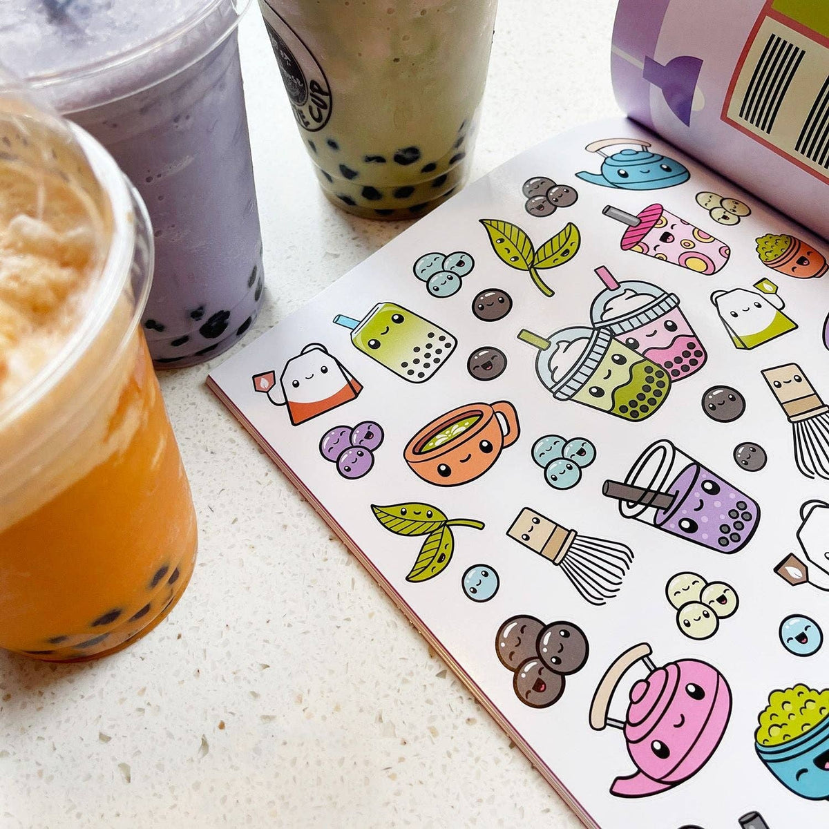Food sticker book sticker sheet with illustrated tea cups and boba icons