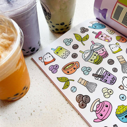 Food sticker book sticker sheet with illustrated tea cups and boba icons