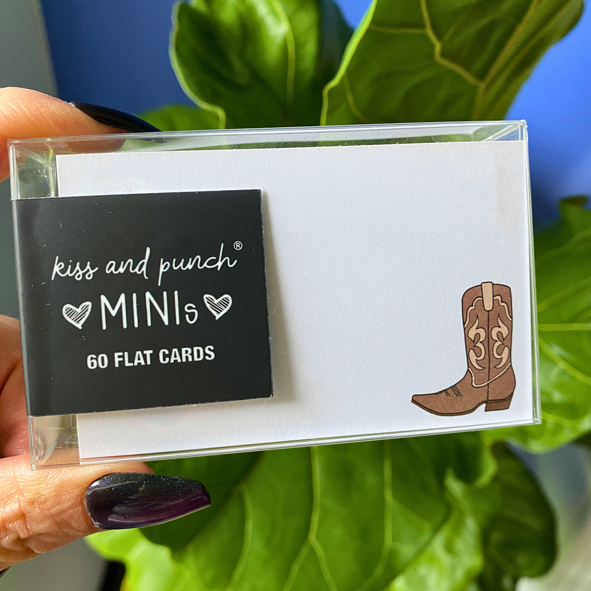 Cowgirl boot mini notecard set in clear case, with a small brown boot illustration