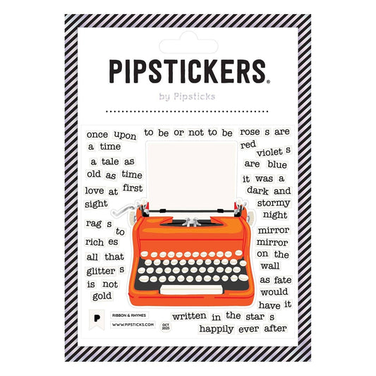 Sticker sheet with orange typewriter and black/white letter dots