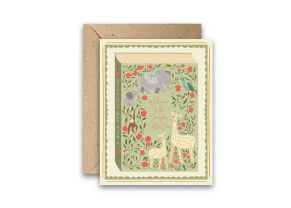 Safari baby shower greeting card with envelope, featuring jungle animals, flowers, and greenery.
