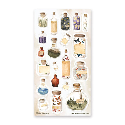 Sticker sheet with illustrated glass bottles, jars, and small potion label stickers