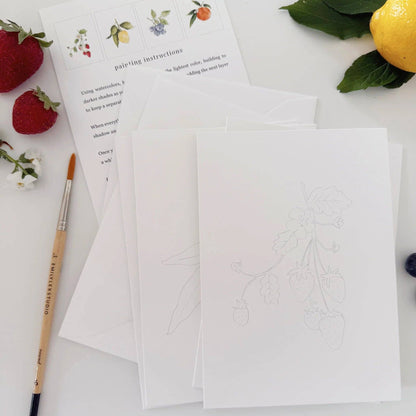 Paintable watercolor notecard set with fruit outline cards and instruction sheet.