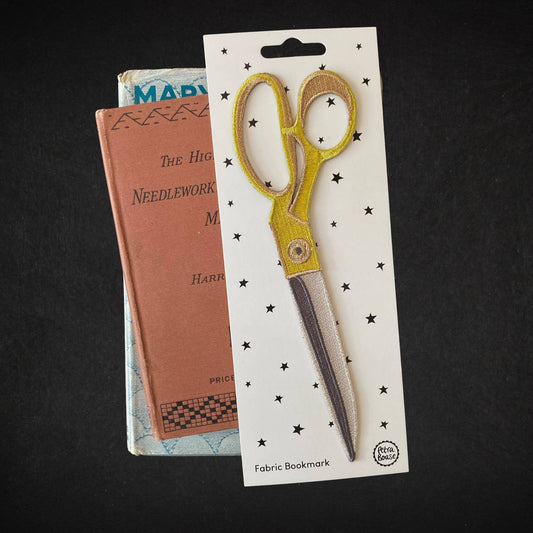 Embroidered fabric bookmark with scissors design, on retail card with star pattern
