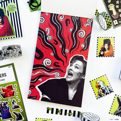 Red-and-black sticker sheet with swirling pattern and a grayscale woman portrait