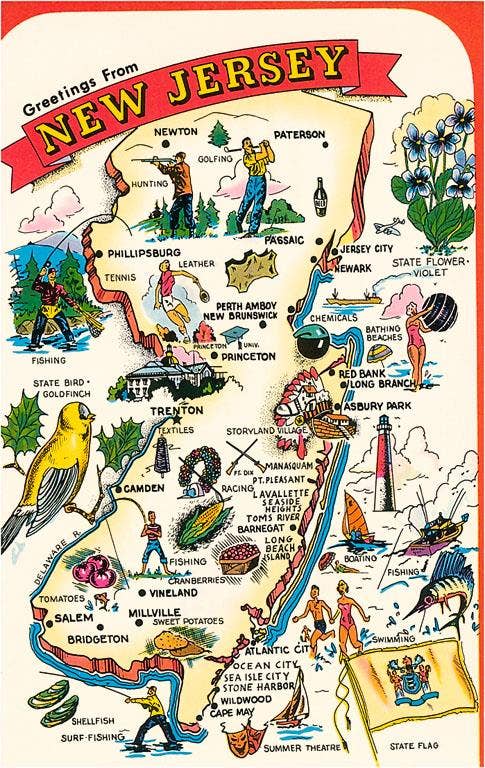 Postcard NJ-132 Map of New Jersey with Attractions